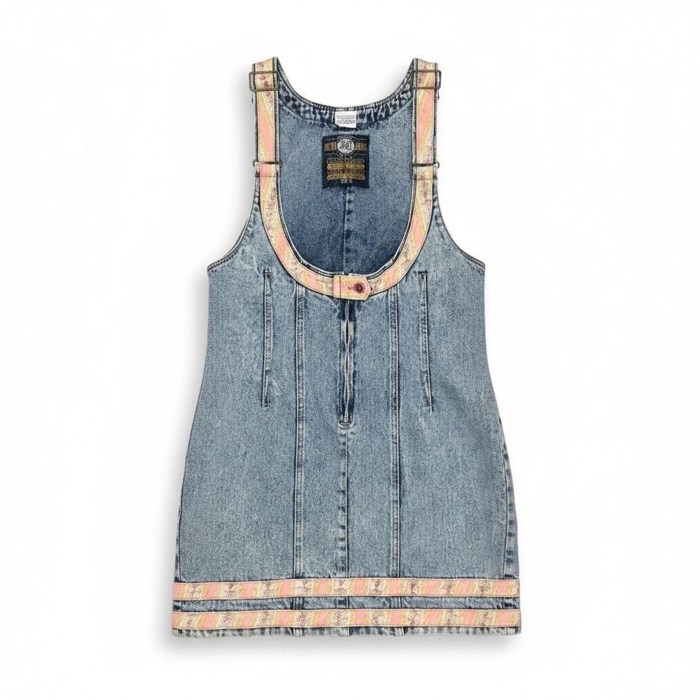 Filippo Totti Vintage Denim Jumper Dress Light Wash Floral Pink Blue 90s Y2K